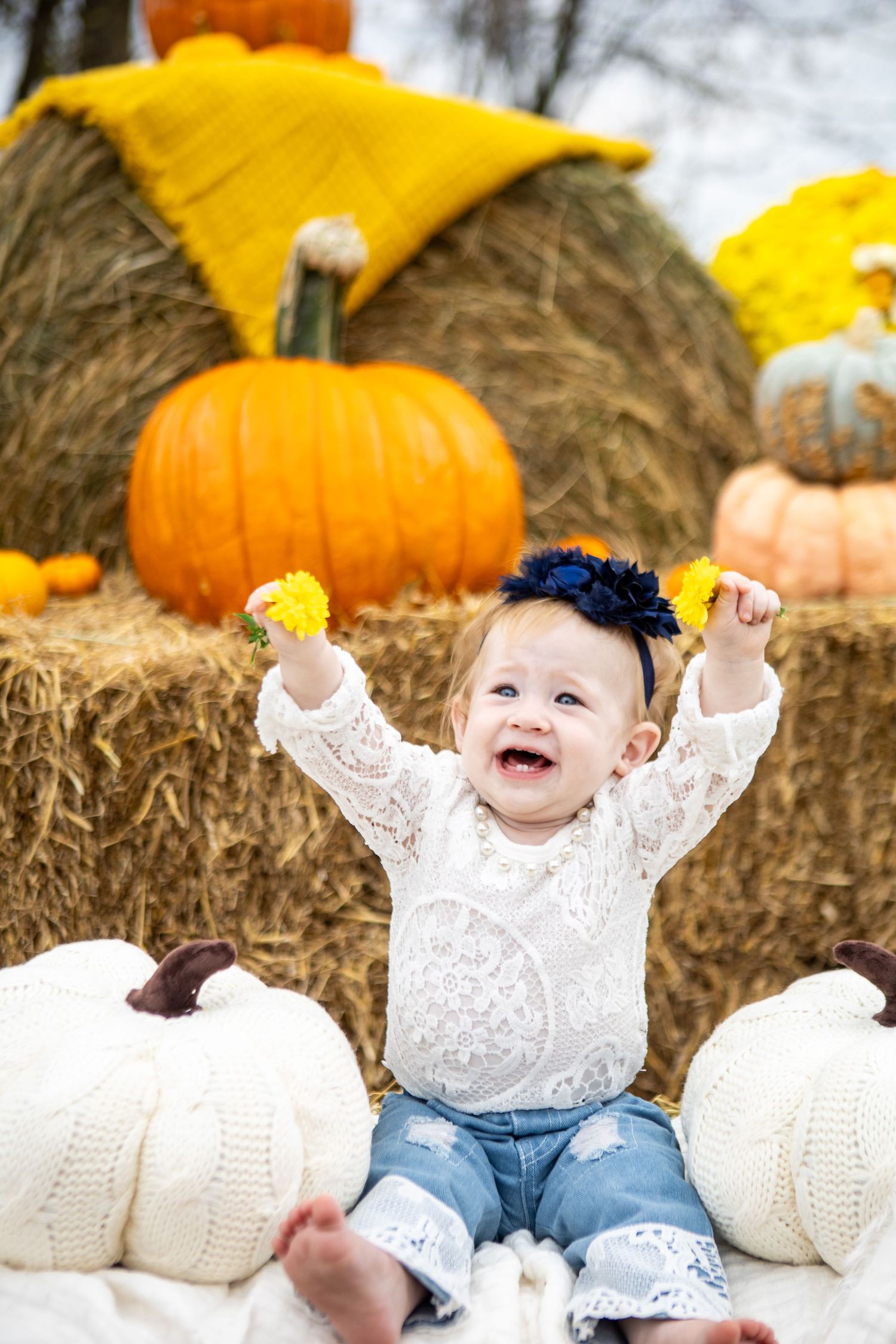 A series of fall themed photos with pumpkins and hay bales creating a festive autumn scene.