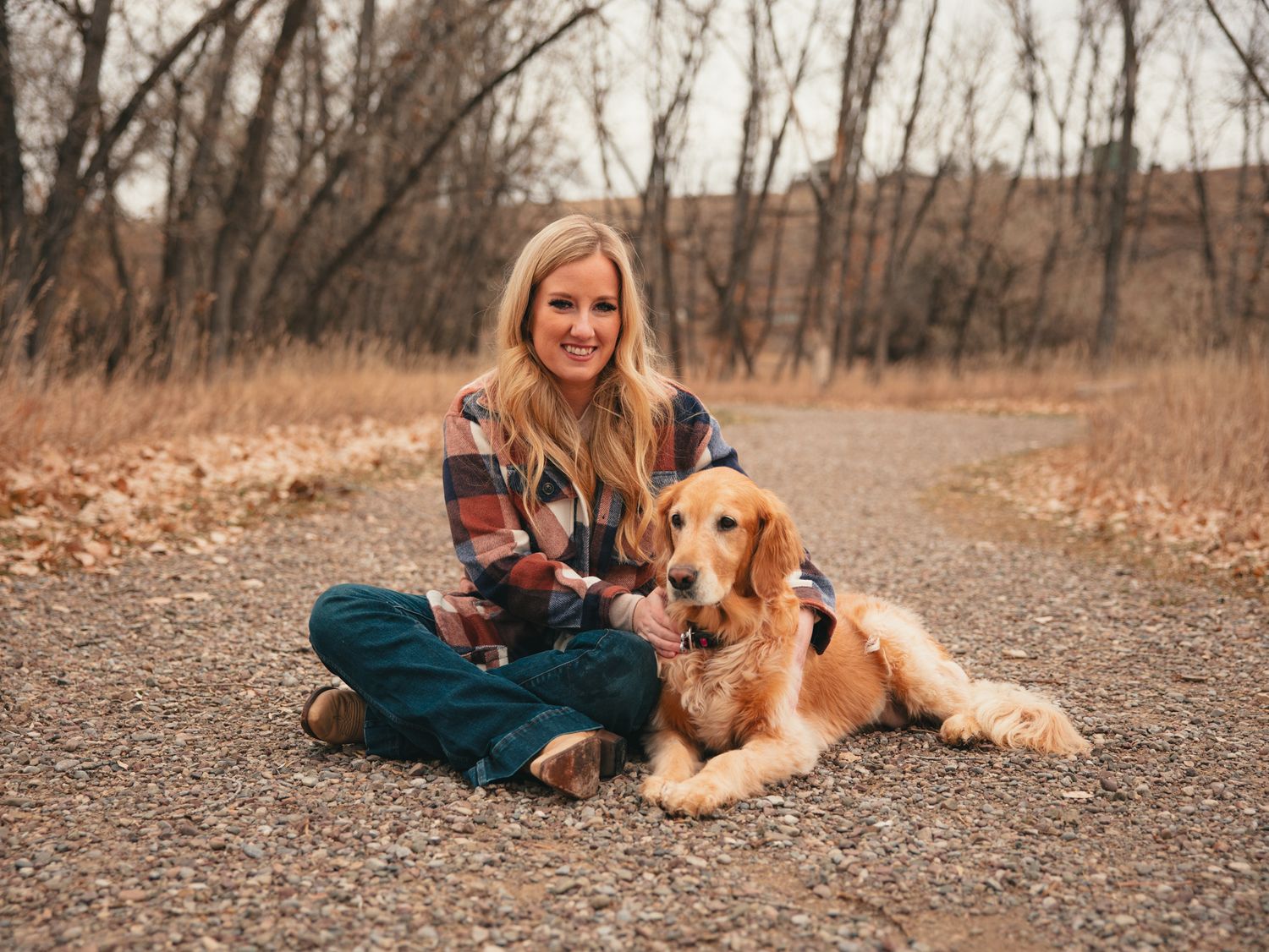 A golden retriever dog lies on a dirt path in autumn while someone pets them during a photoshoot session. photo, Great Falls, Mon