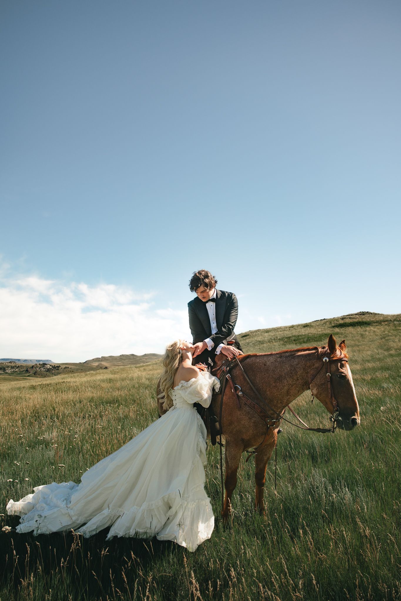 Bride in white gown stands beside groom in suit seated on brown horse in green meadow under blue sky.