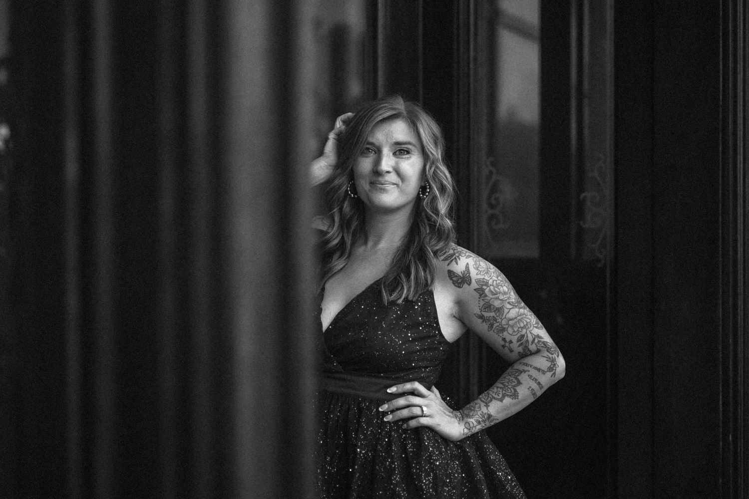 Black and white portrait photo of a person with long hair in dramatic lighting. 30th birthday, Great Falls, MT