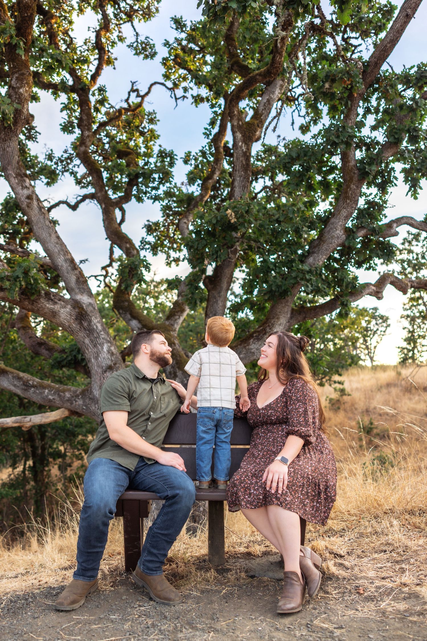 Family portrait of parents sitting on a bench with toddler standing between them under a large oak tree outdoors.