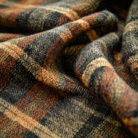 Close-up texture of plaid wool fabric in brown, orange and gray tones with soft folds.