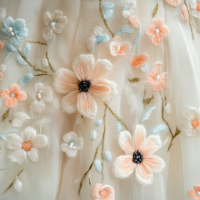 Delicate floral embroidery pattern with peach and white flowers on light sheer fabric.