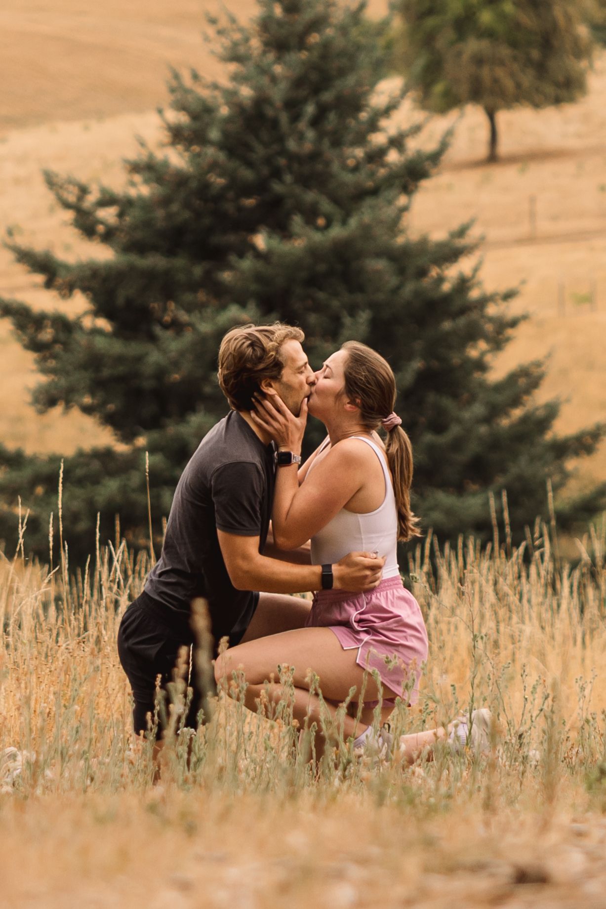 A romantic couple shares an intimate moment while kneeling in a golden field with an evergreen tree in the background.