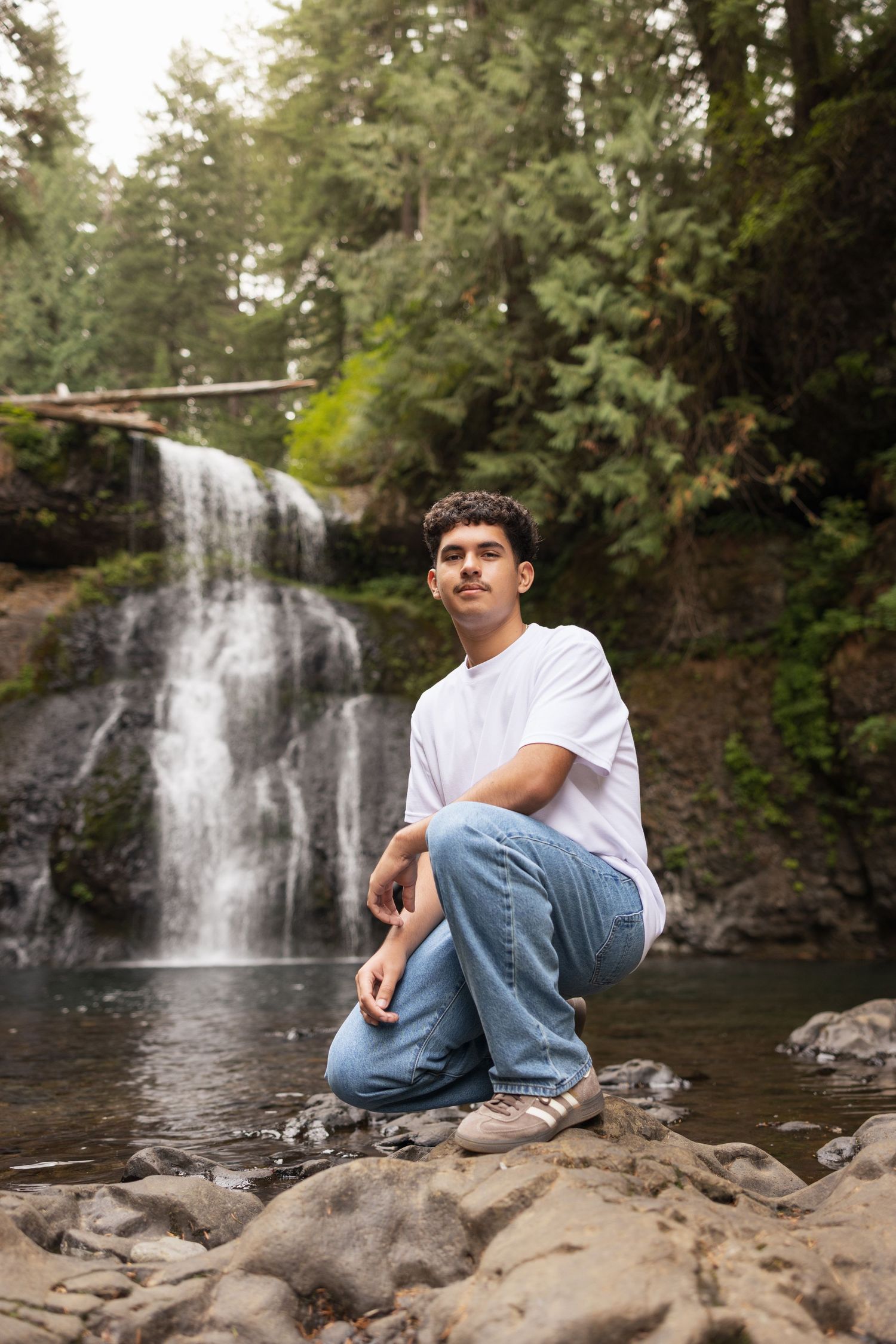 Young man in white tee and jeans crouching on rocks before a serene forest waterfall with a bridge above.