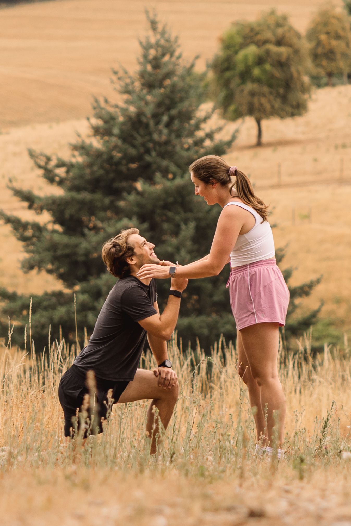 A sequence of proposal photos showing a couple in a grassy field with one person kneeling to propose.