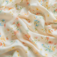 Soft peach fabric with delicate floral print in pastel colors shows gentle folds and creases.