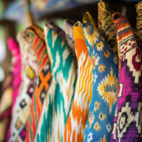 Close-up view of colorful woven textiles with geometric patterns in orange, blue, pink and teal.