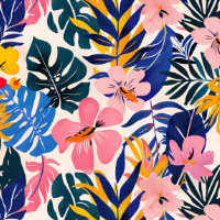 Colorful abstract tropical floral pattern with pink, navy blue, yellow and orange leaves on white background.