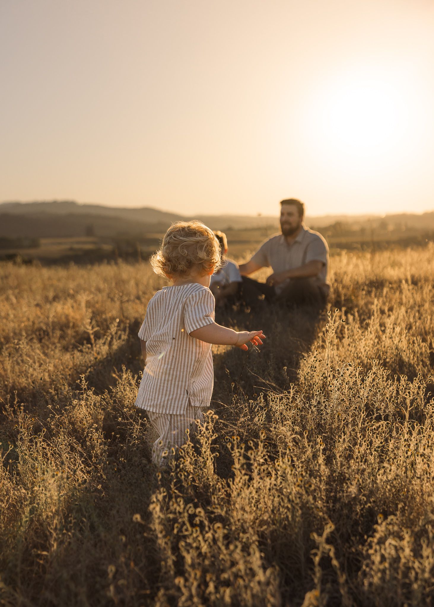 Child running towards parent in sunlit field during golden hour during a photo session by Salem, Oregon family photographer.