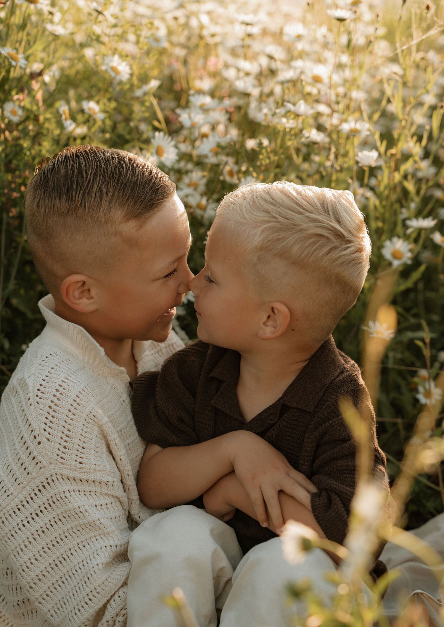 Fotoshoot broertjes bloemenveld gouden uur - Myrthegwenfotografie