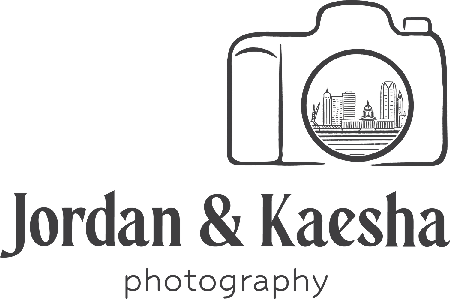 Black and white photography logo with camera outline containing urban skyline and business name.