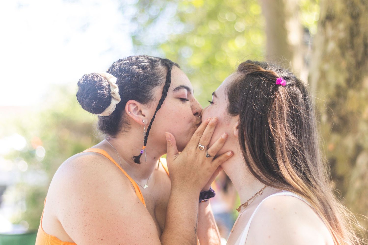 Girlfriends share a kiss.