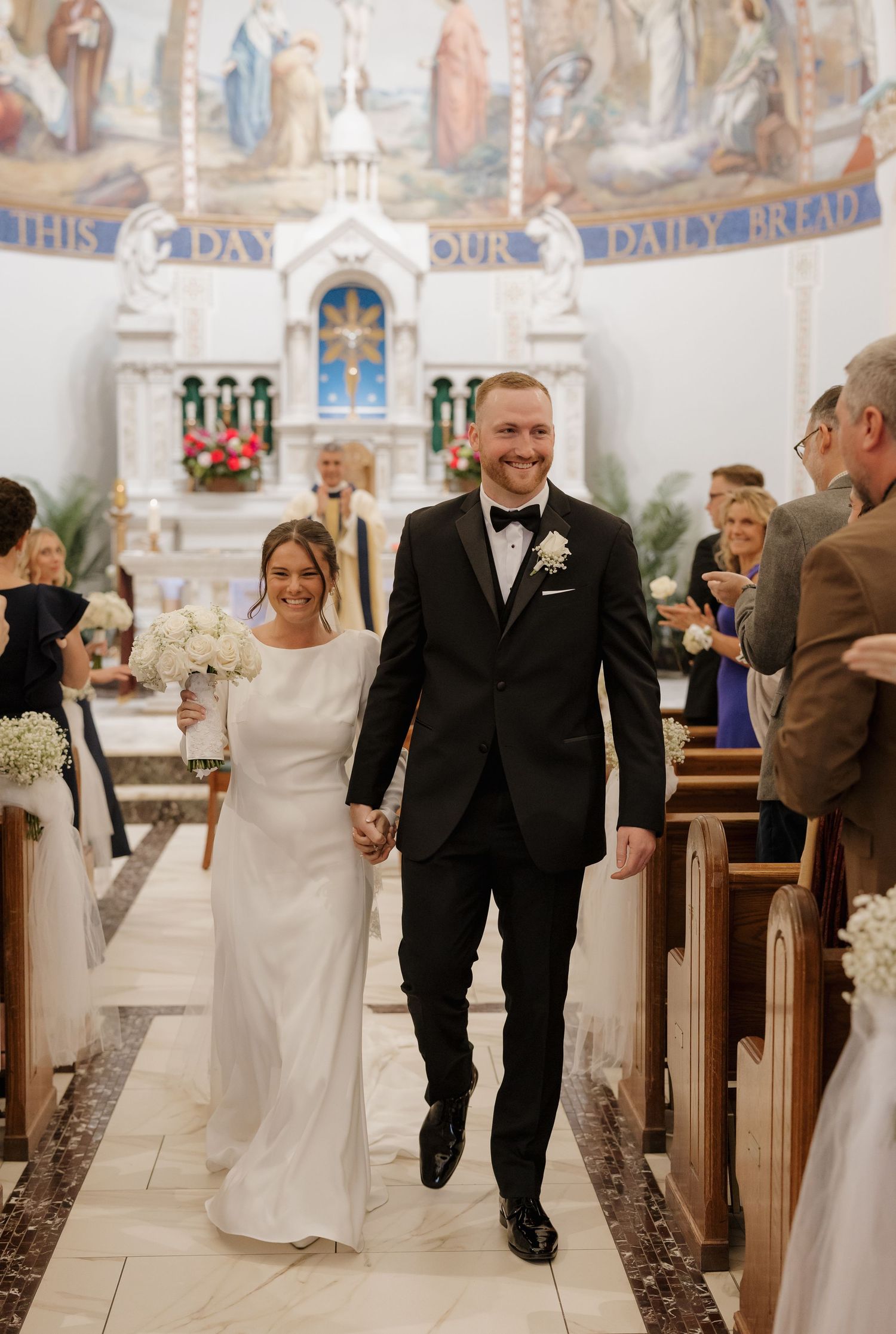 A sequence of joyful wedding ceremony moments captured in a beautifully decorated church with painted murals.