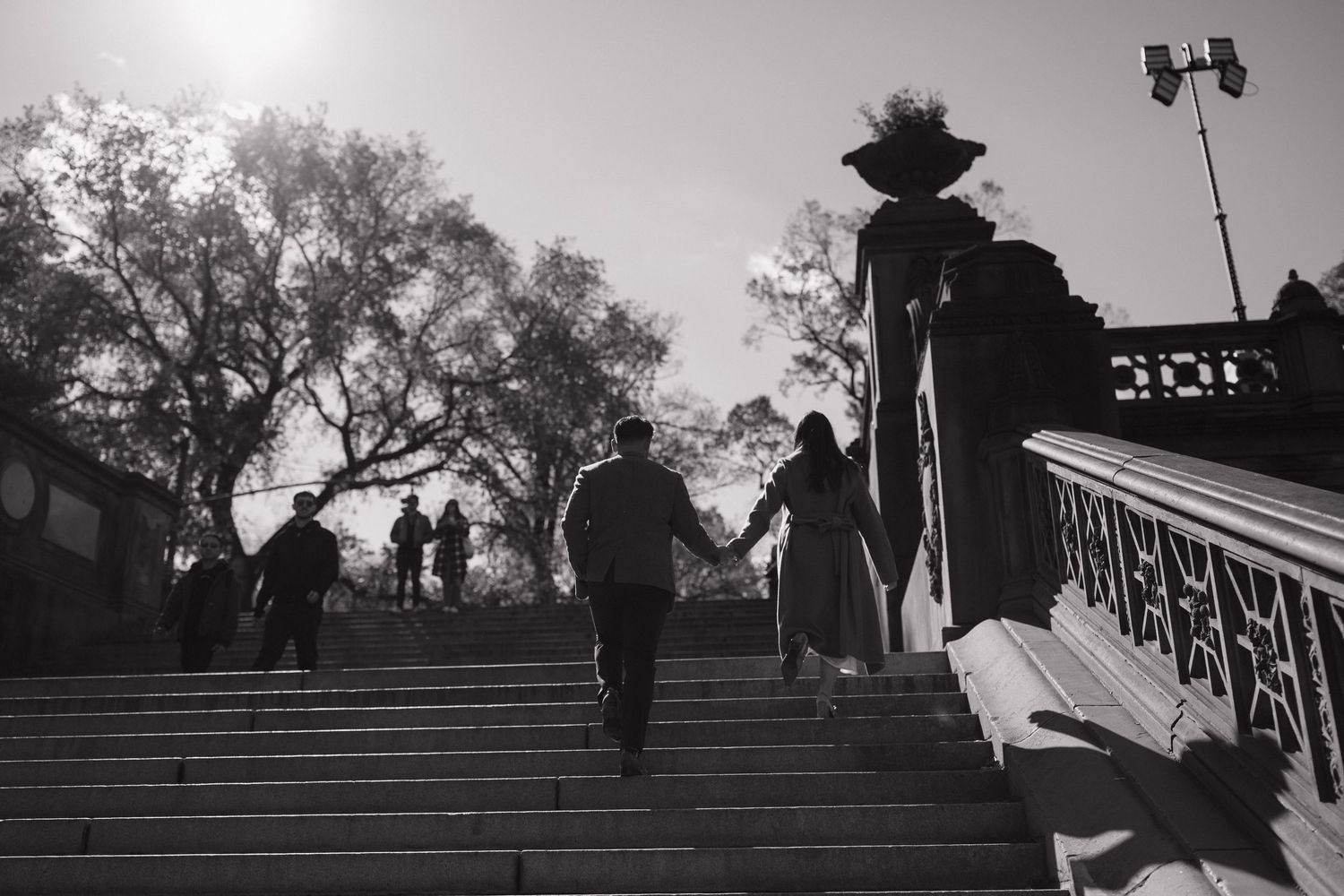 Silhouettes of people walking up and down stairs against a bright sky with trees in the background.