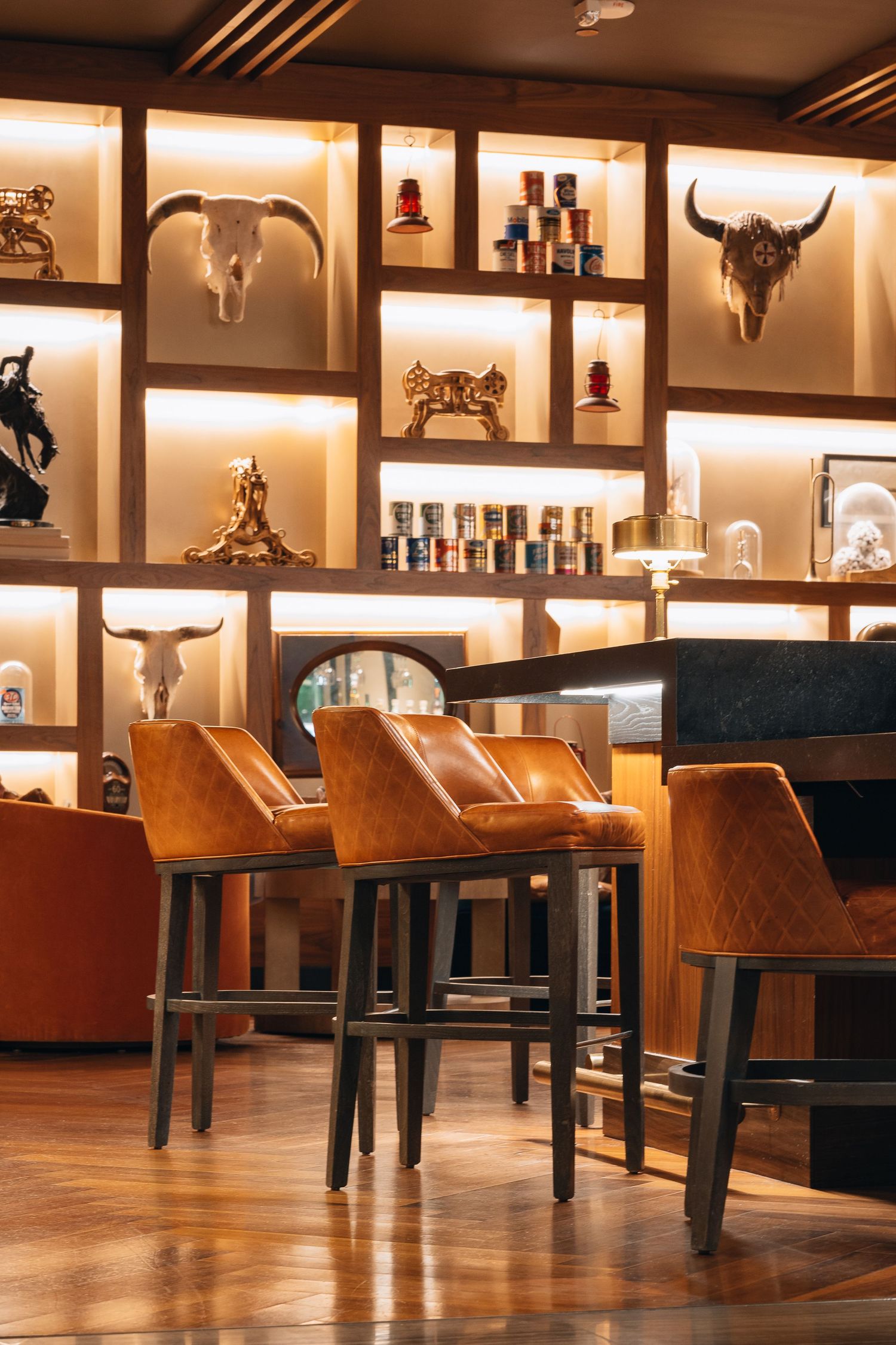 Stylish bar area with illuminated shelving displaying animal skulls and leather bar stools.
