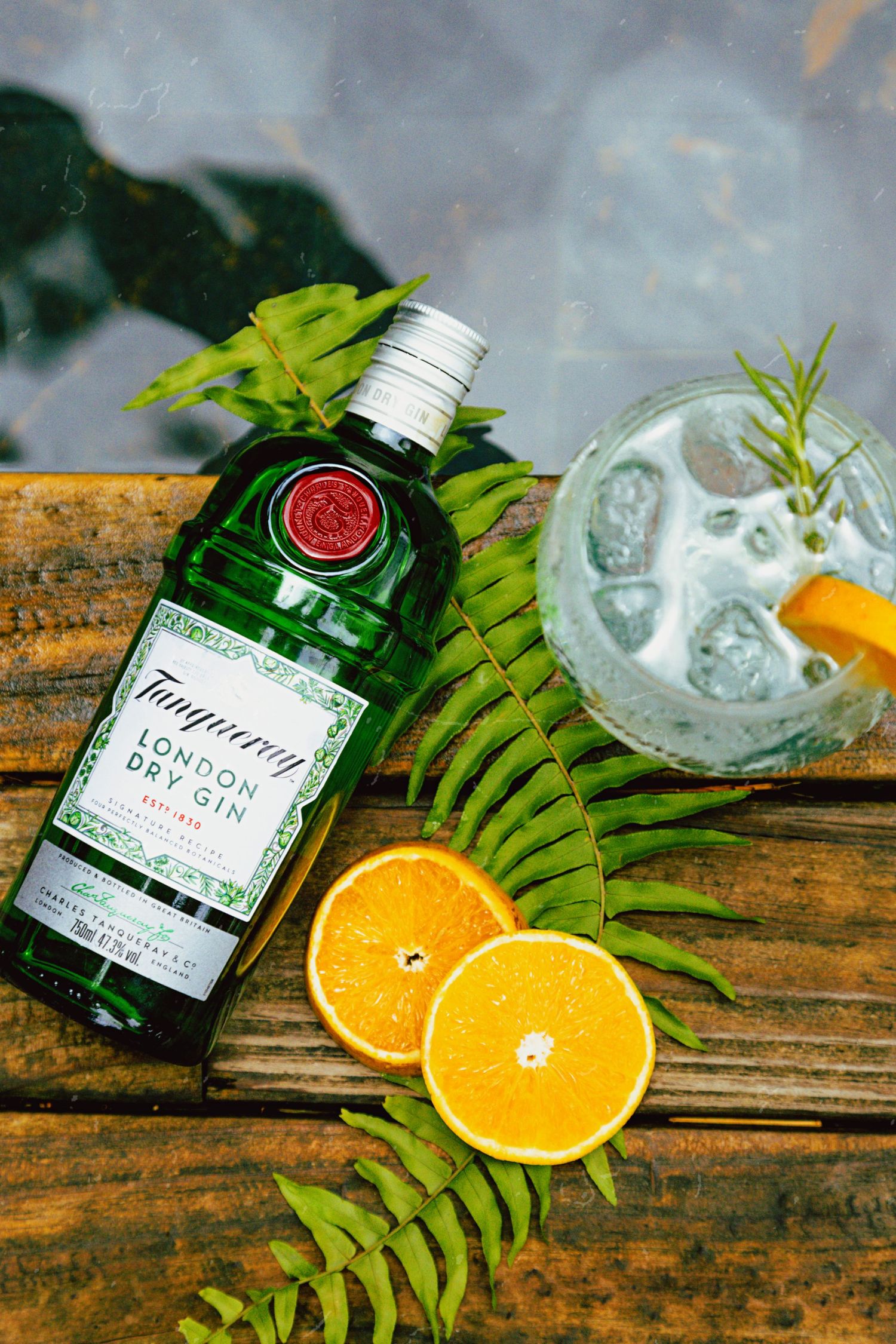 Tanqueray gin bottle with citrus and fern styling on rustic wooden surface.