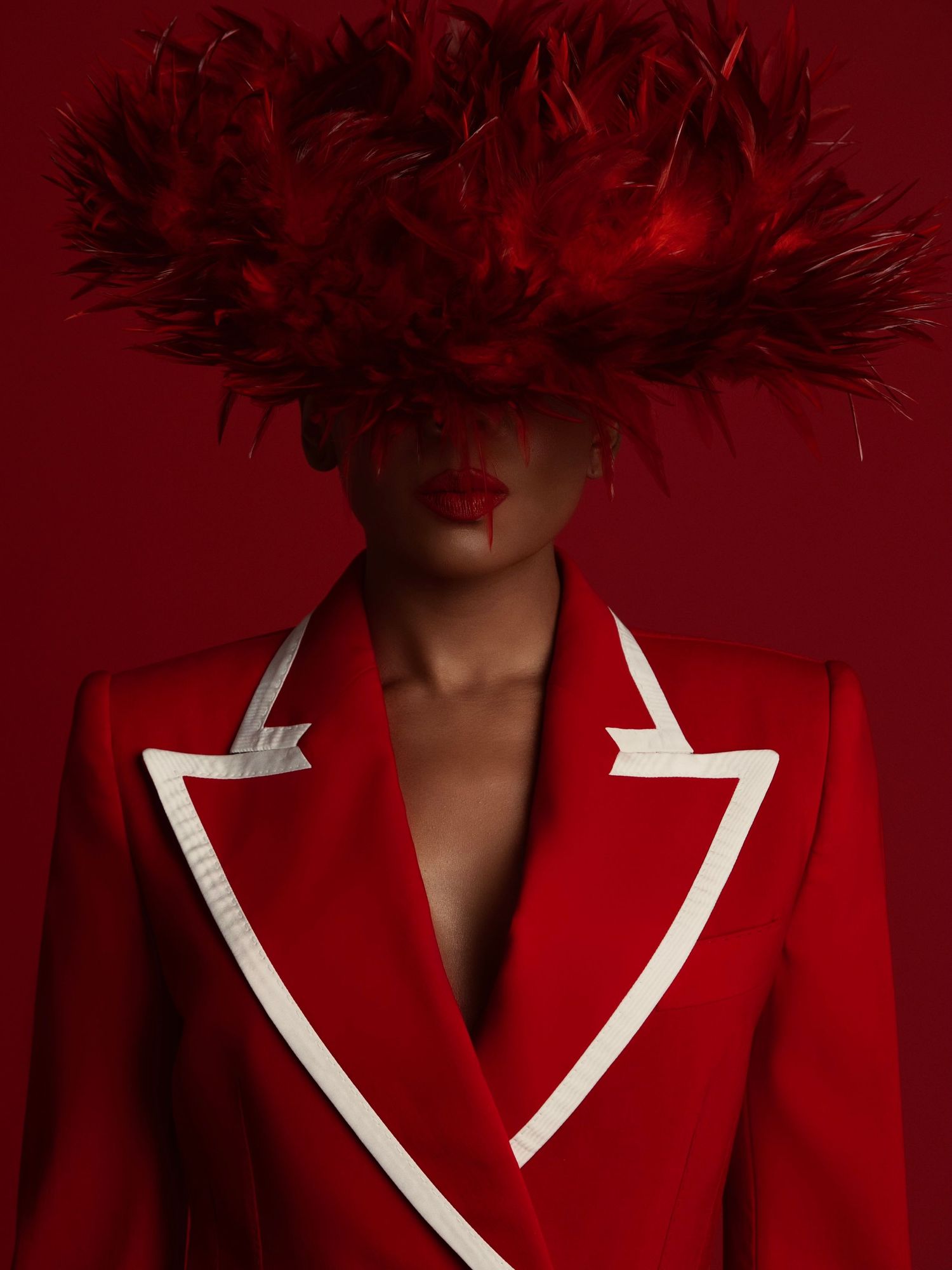 Stylized fashion photograph showing red tailored jacket with white lapels and crimson feather headdress in moody lighting.