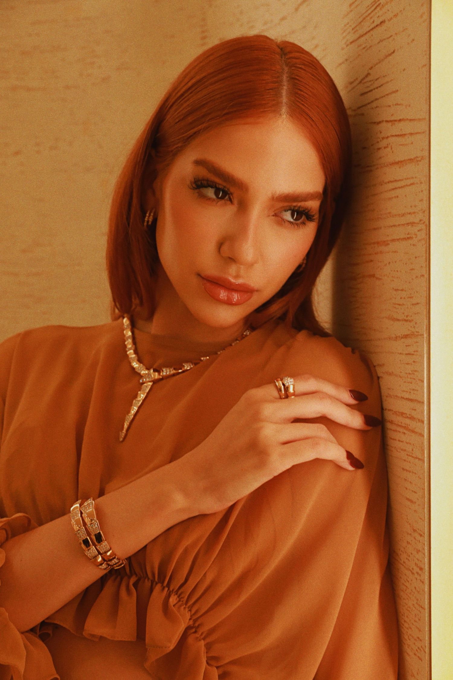 Beauty portrait featuring gold jewelry and elegant makeup in warm sepia tones.