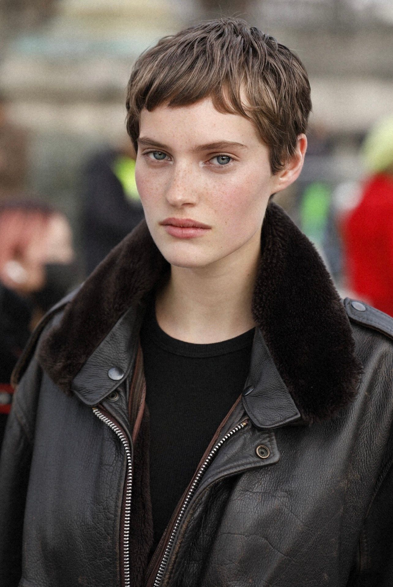 Portrait of model with short brown hair wearing leather jacket with fur collar.
