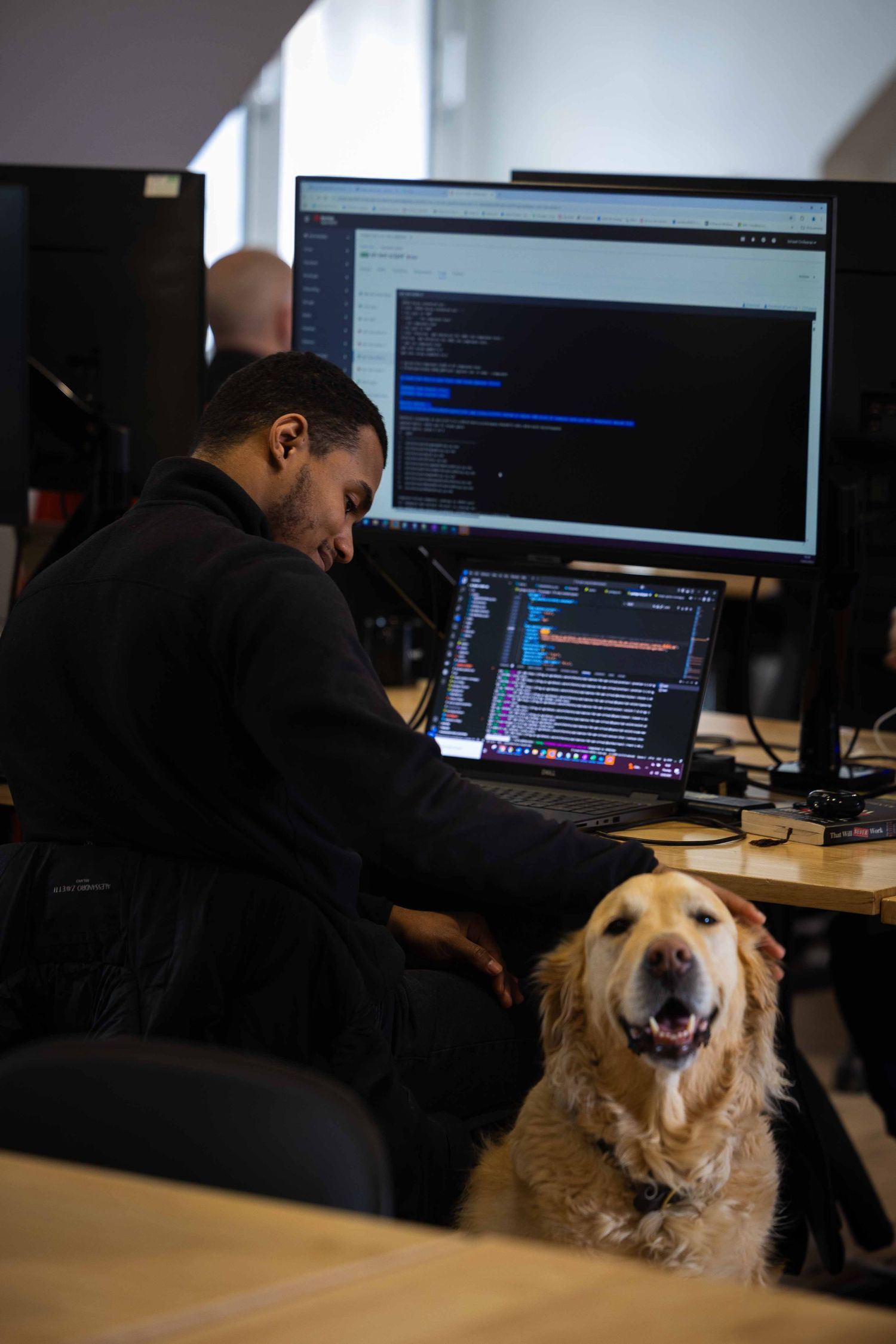 man petting a dog while at work on his computer