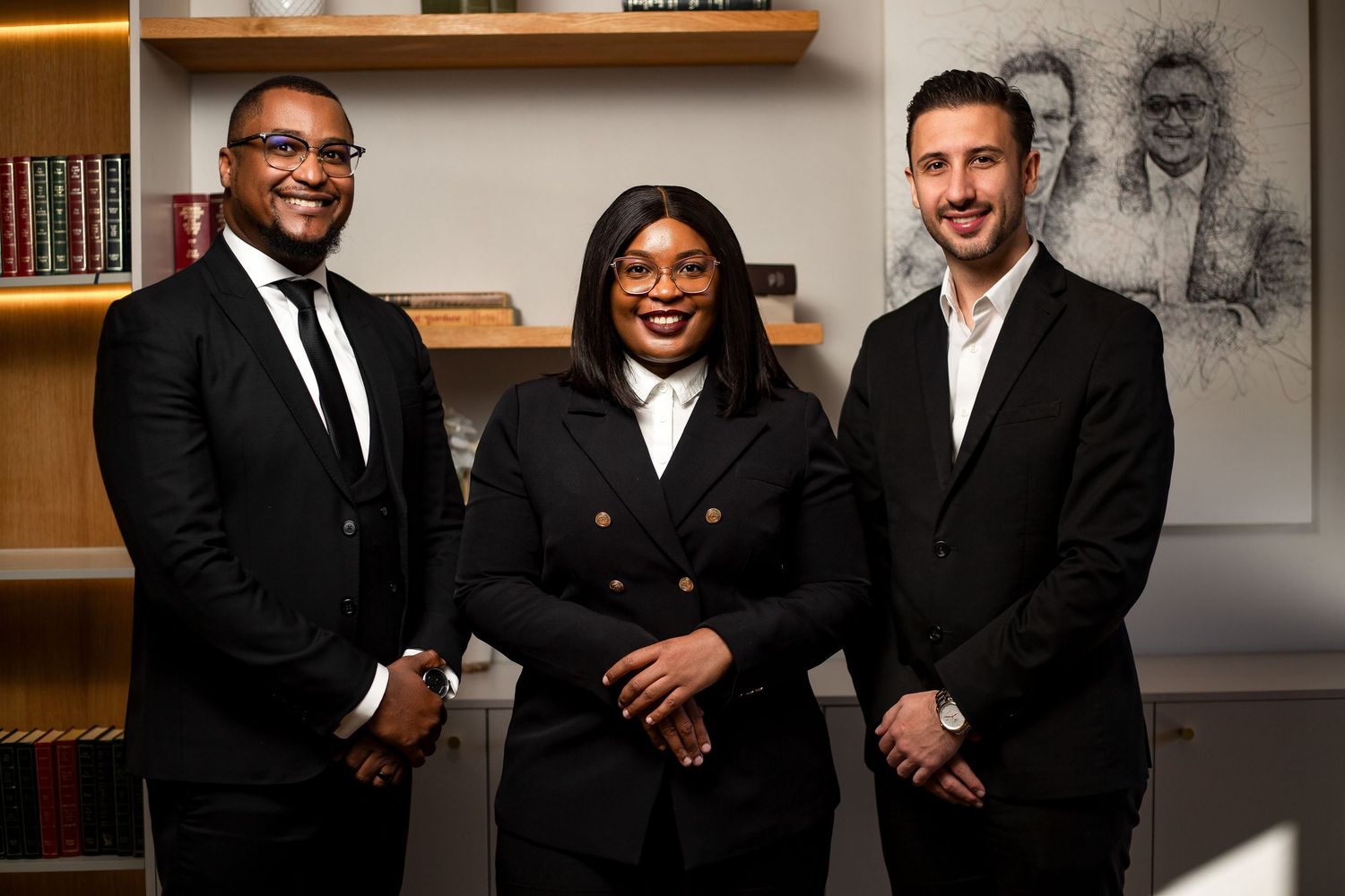 Group of professionals posing together in business attire in an office setting with bookshelves.