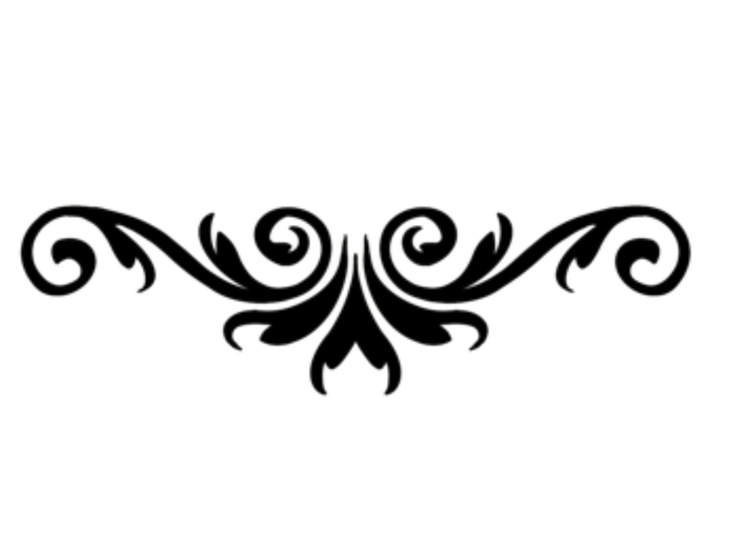 Decorative black swirl design element with symmetrical flourishes.