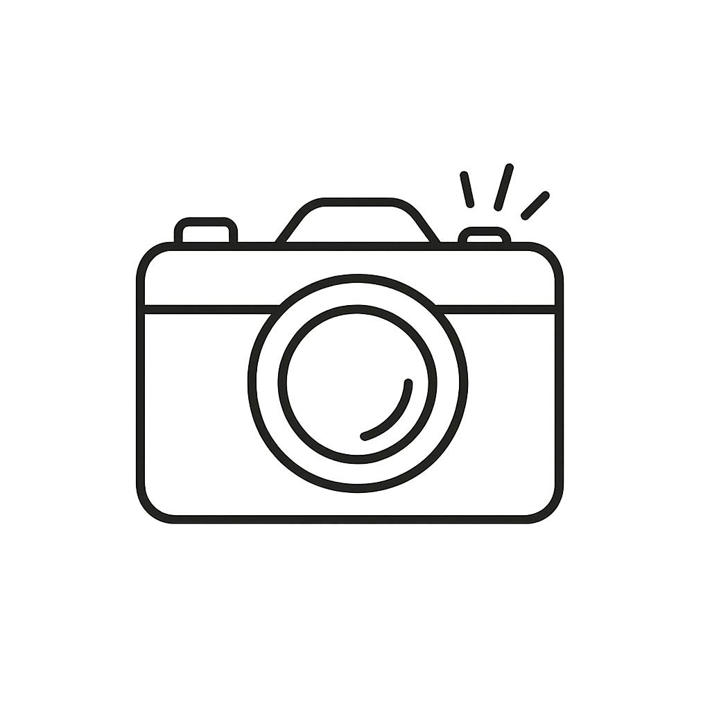 Simple line drawing icon of a camera with a flash.