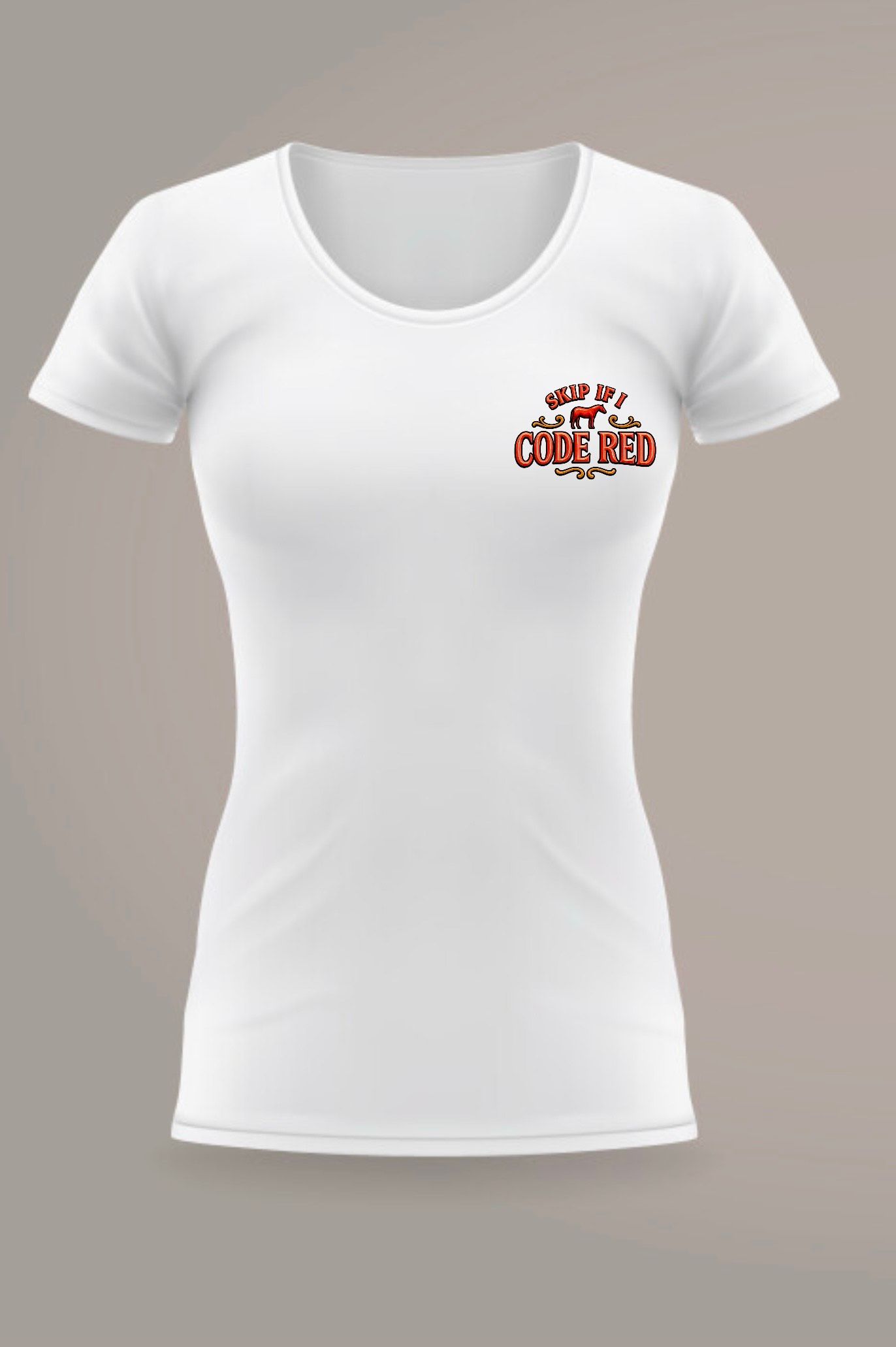 White fitted women's t-shirt with red logo design displayed on the left chest area against gray background.
