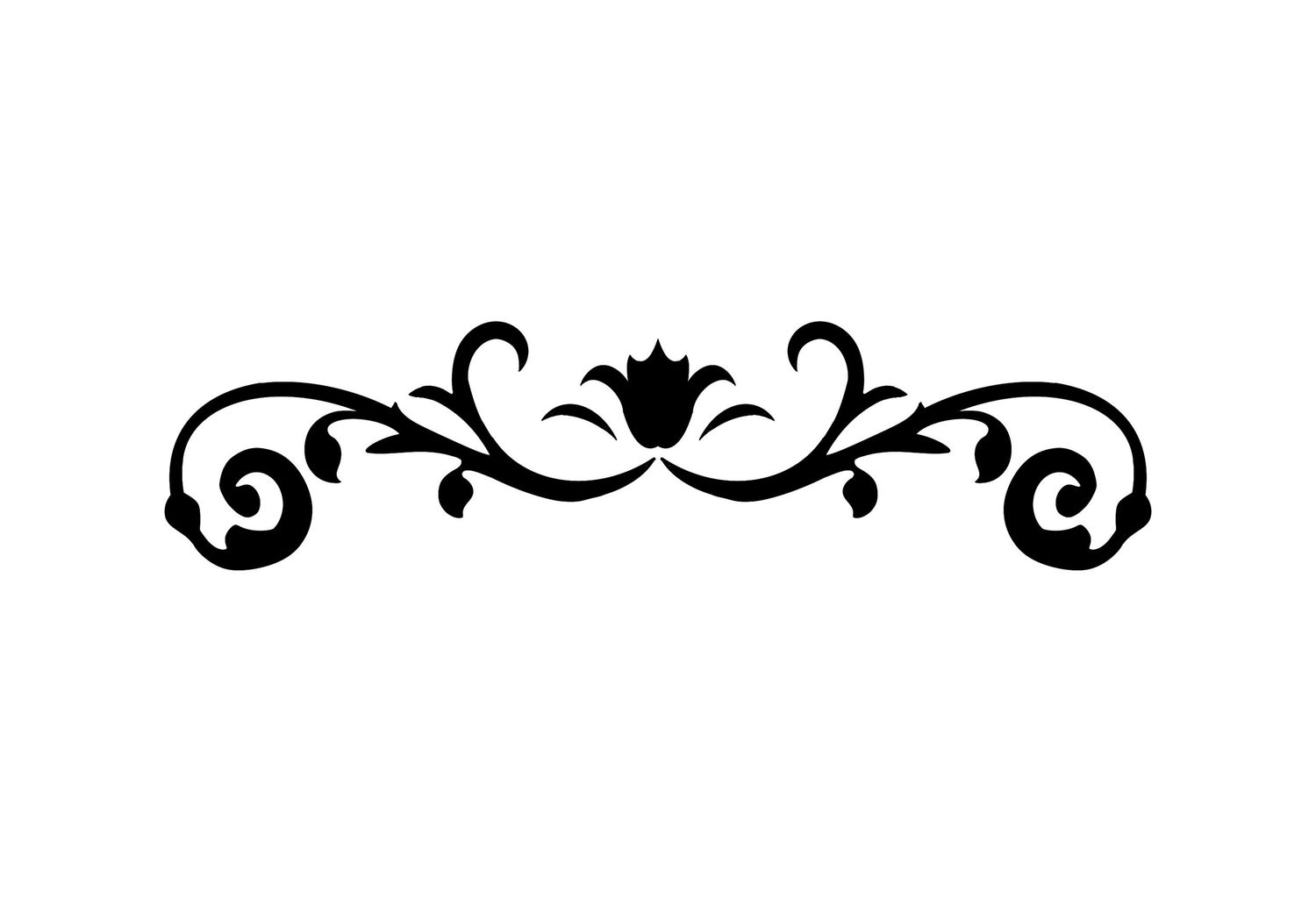 Black decorative divider with symmetrical swirls and a small crown or flower in the center.