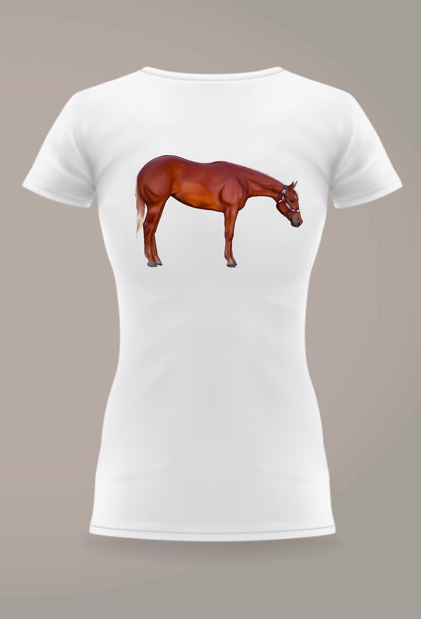 Three identical white t-shirts displaying a brown horse silhouette on the front.