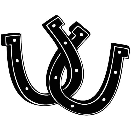 Black silhouette of two overlapping horseshoes with nail holes.