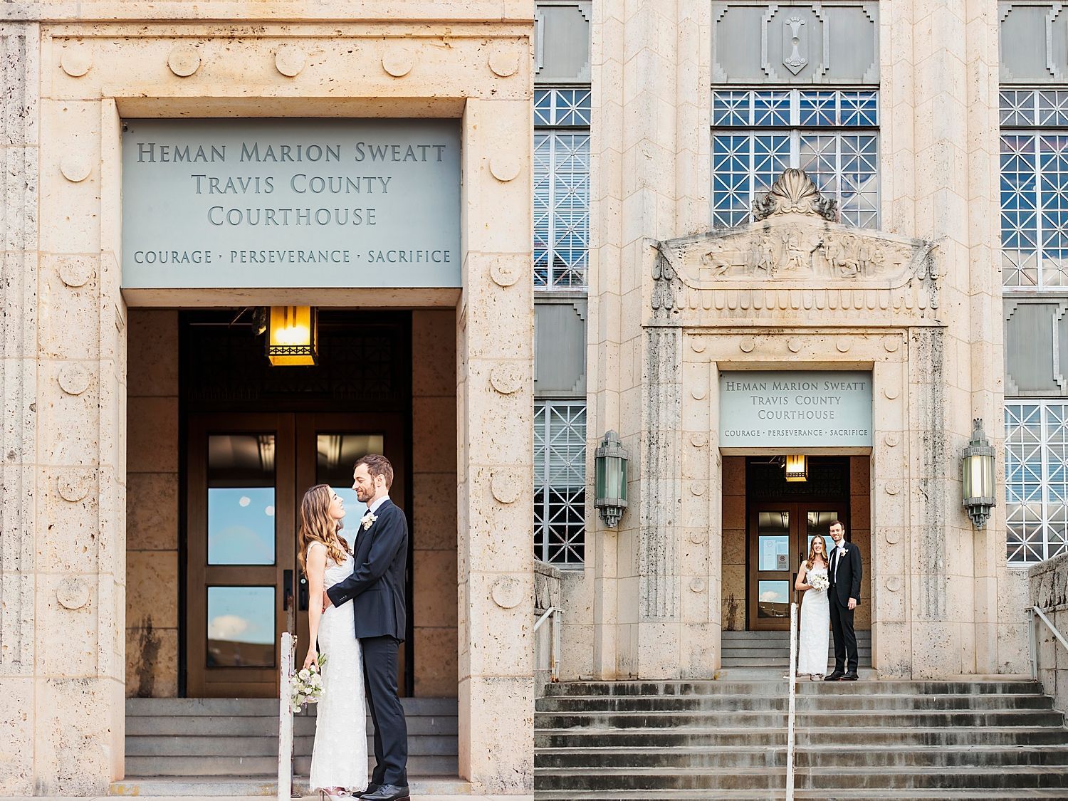 newlyweds stand on steps outside after courthouse ceremony