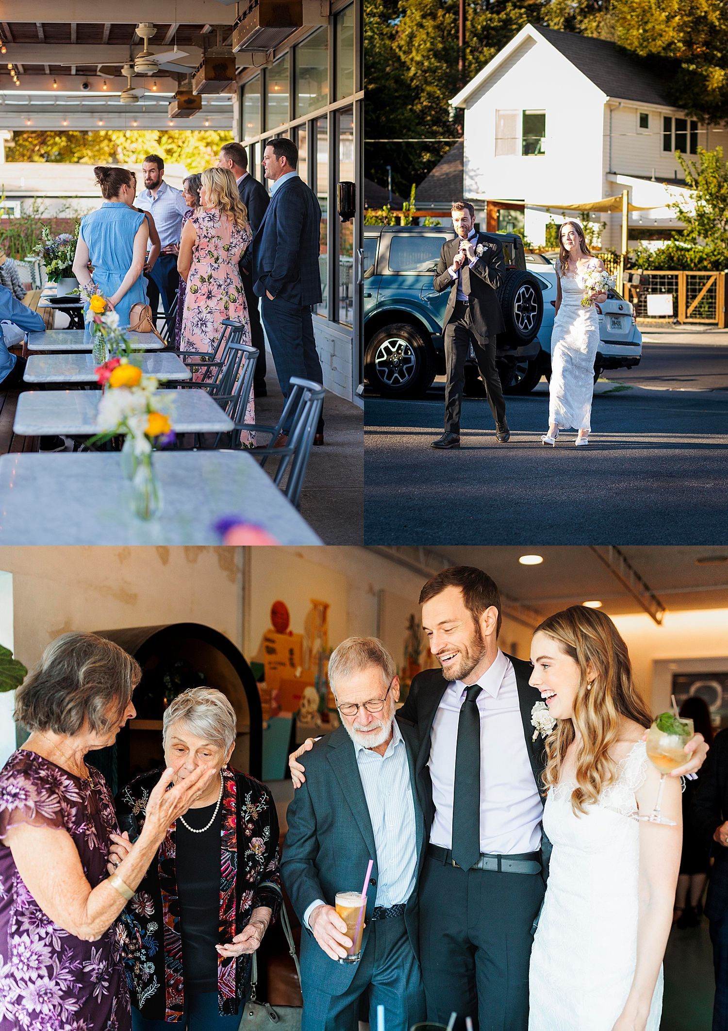 newlyweds approach their small dinner reception by Austin Wedding Photographer