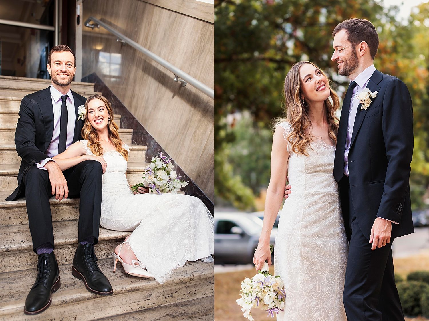 couple sits on steps after their courthouse ceremony