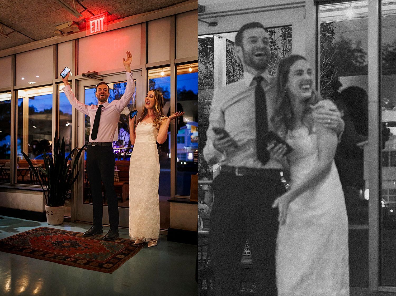 bride and groom grin with guests at small dinner intimate reception by Austin Wedding Photographer