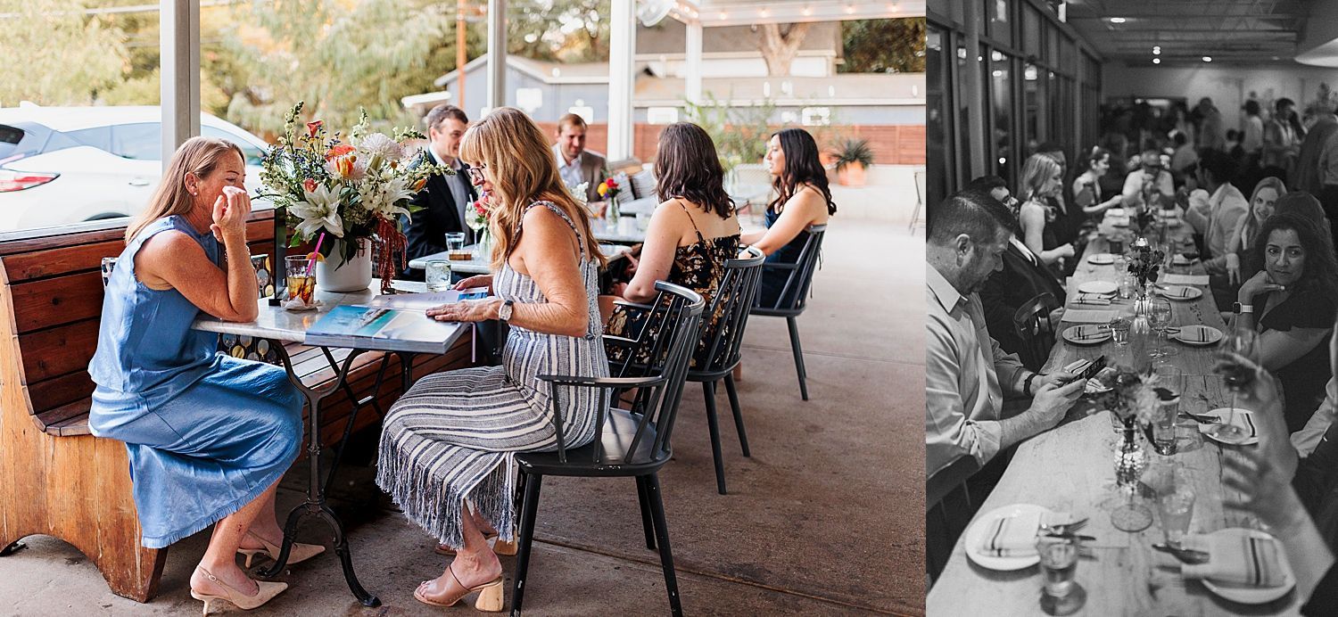 guests sit down to eat together on outdoor patio by Austin Wedding Photographer