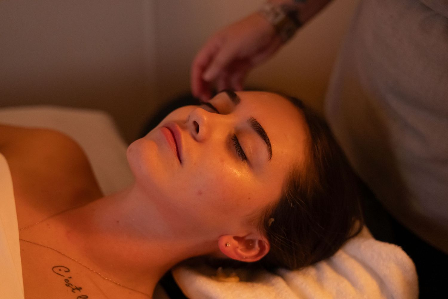 Spa treatment room with warm lighting