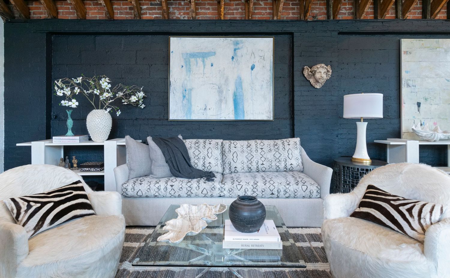 Luxury Savannah Home Decor Interior Design showroom , showcasing dark grey and neutral fabrics with black accents,