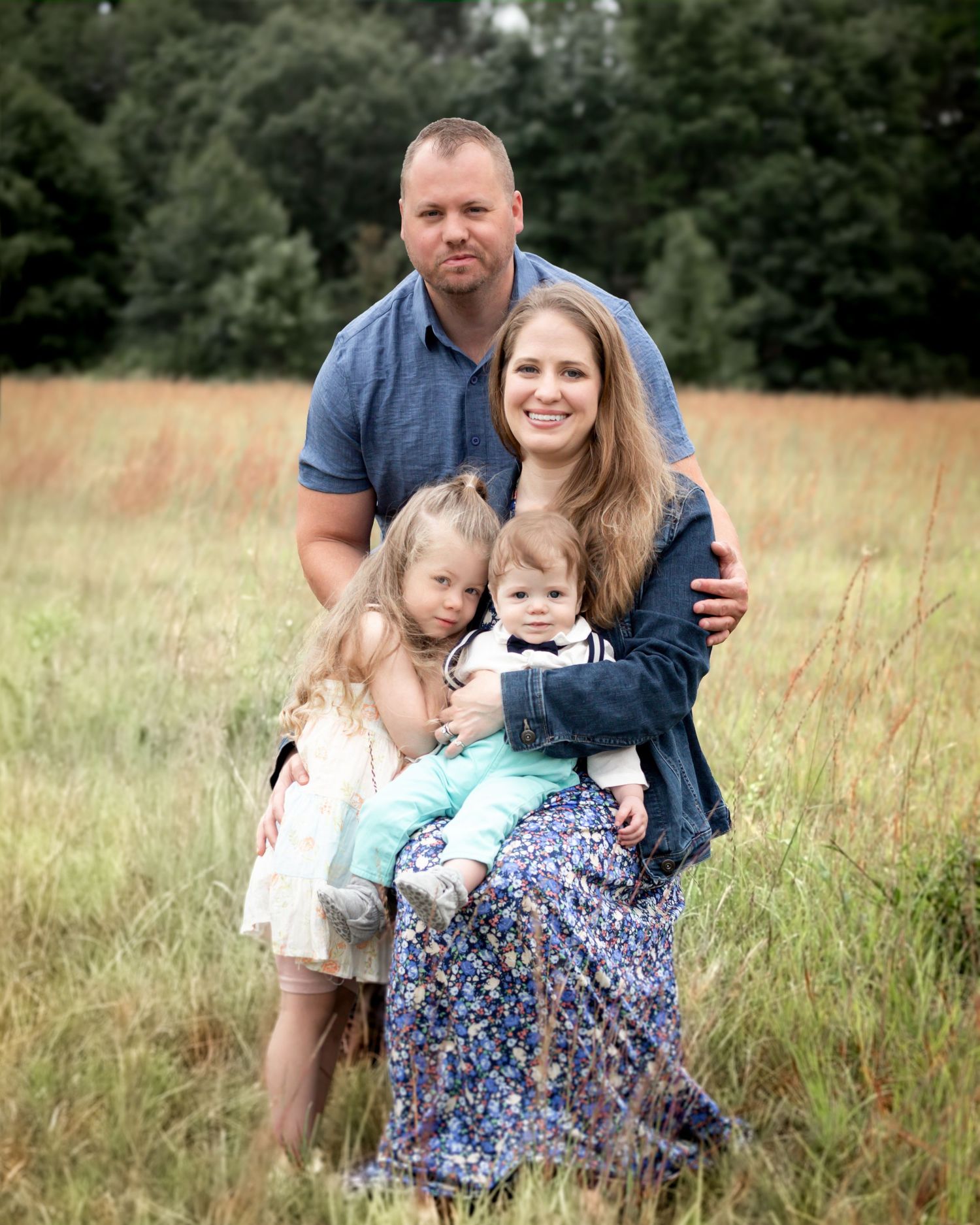 Outdoor family photoshoot sequence showing playful interactions in a natural meadow setting.