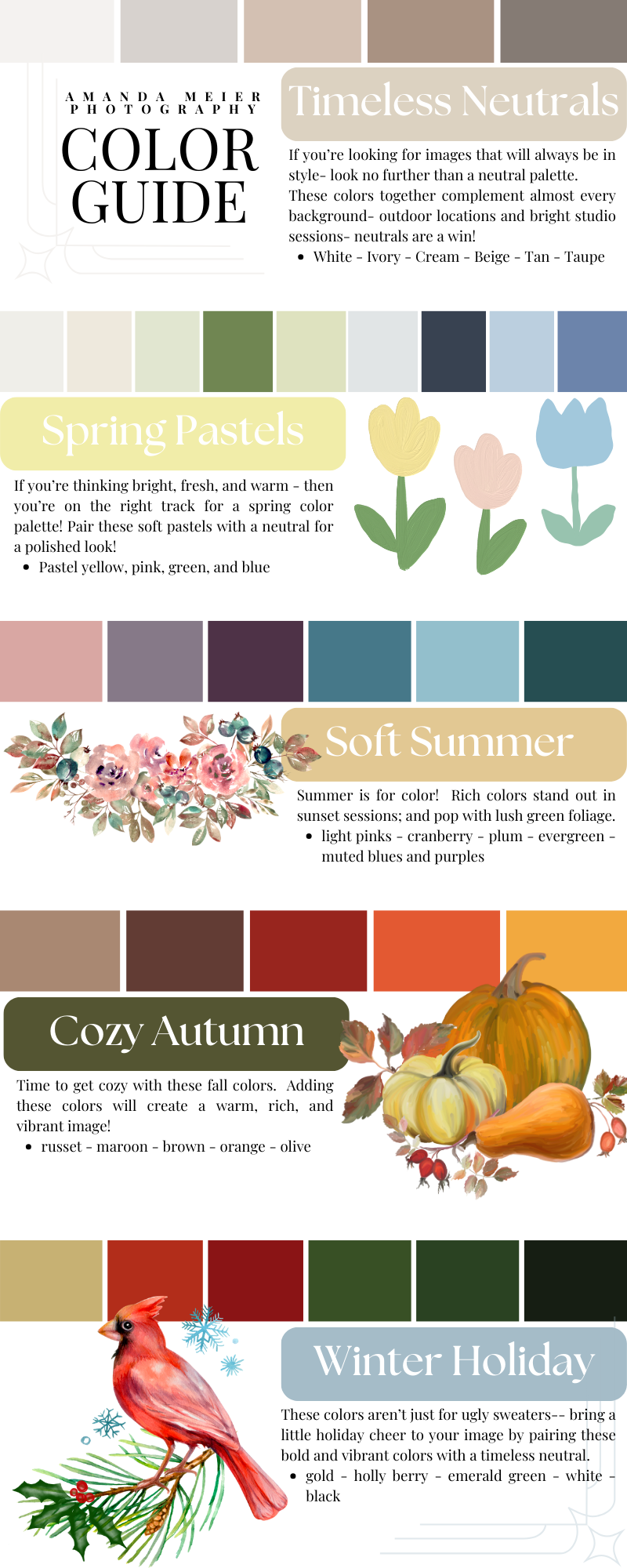A color palette guide showing seasonal combinations including neutrals, spring pastels, soft summer, cozy autumn and winter holiday themes.