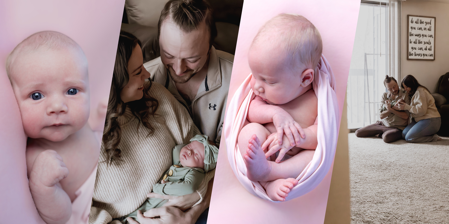 A collage of baby photos showing various tender moments and milestones in pink and neutral tones.