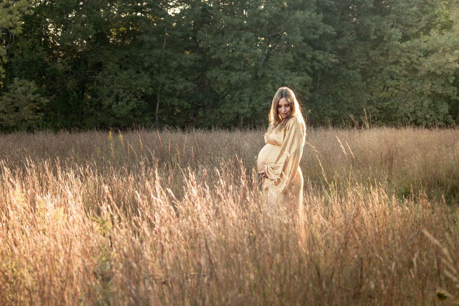 Silhouette of a pregnant woman standing in a sunlit field of tall grass at golden hour.