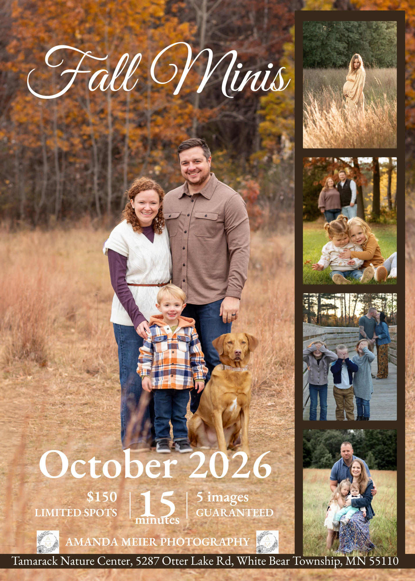 Fall mini photo session flyer for October 2026 at Tamarack Nature Center, featuring family portraits in autumn outdoor settings.