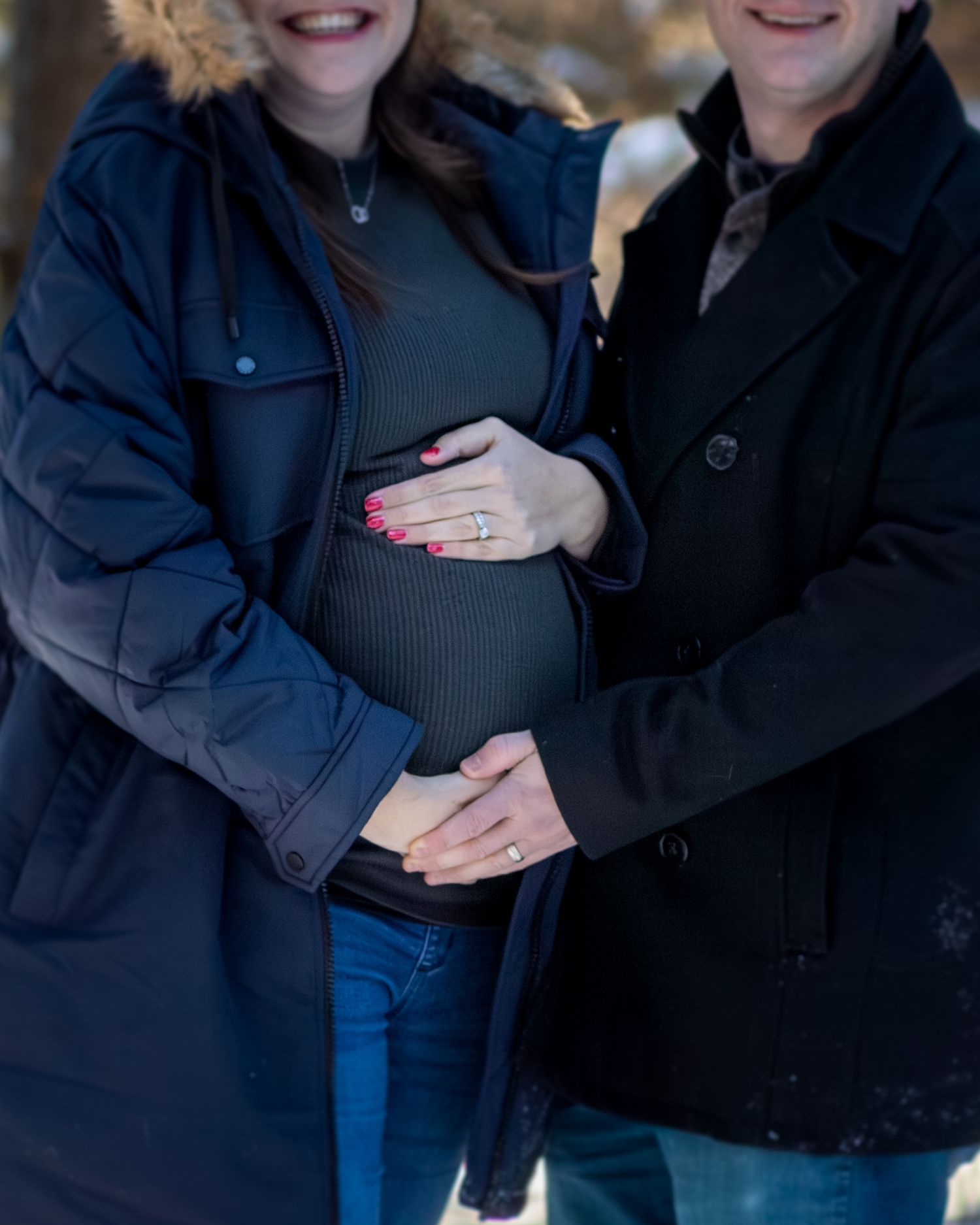 A series of cropped photos showing people embracing and holding hands in dark winter clothing.
