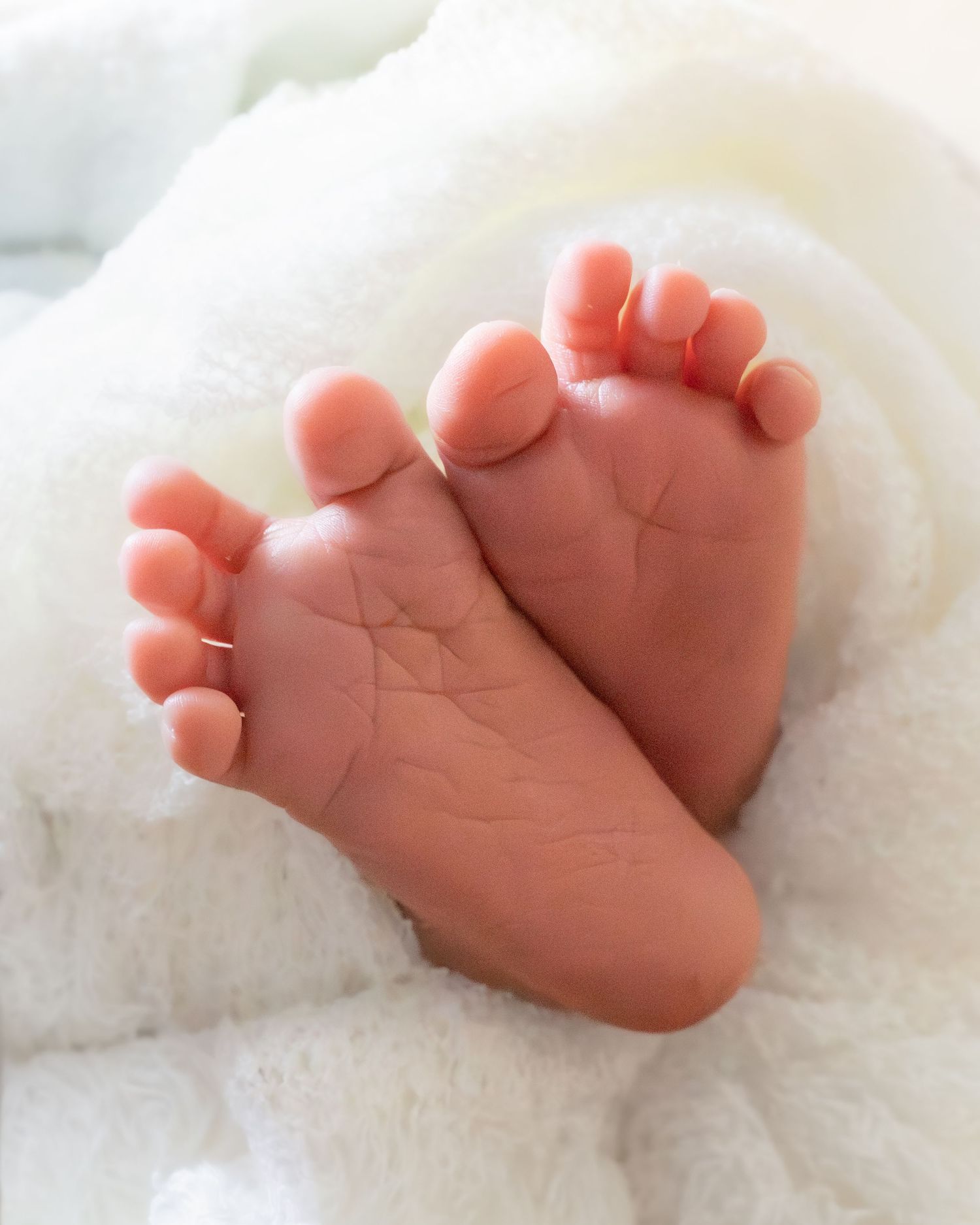 Close-up series of tiny baby feet resting on soft white blanket showing delicate details and wrinkles.