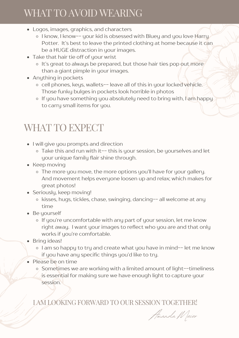 A page from a photography guide showing sections titled 'What to Avoid Wearing' and 'What to Expect' with handwritten notes.