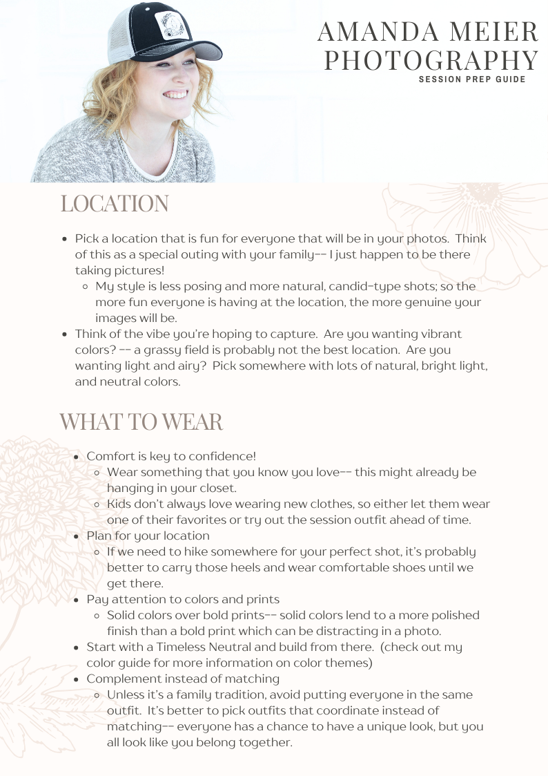 A photography guide page showing tips for what to wear during photo sessions with text and layout elements.