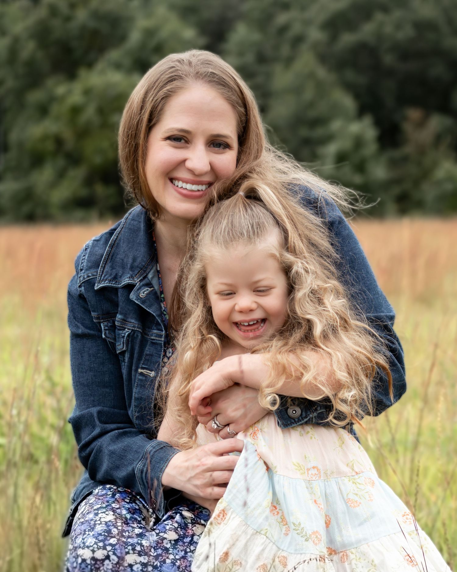 Candid family moments captured in sequence across a summer field with tall grass.