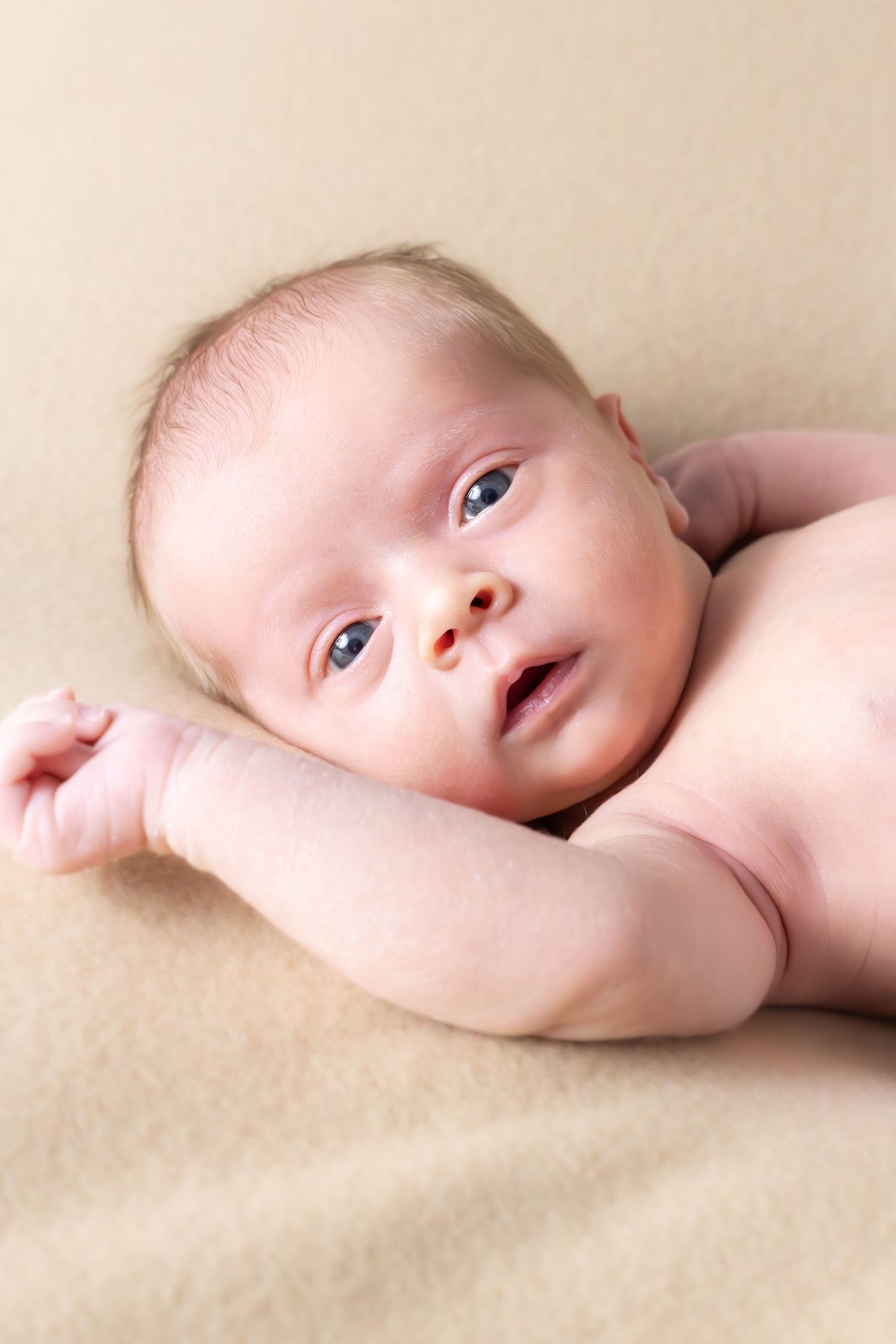 Artistic portrait series of a newborn baby lying on cream-colored blanket shown from different angles in soft lighting.